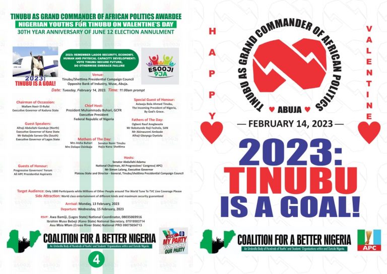 JUNE 12 @ 30: TINUBU TO BE HONOURED BY CIVIL SOCIETIES AS “GRAND COMMANDER OF AFRICAN POLITICS” ON VALENTINE’S DAY